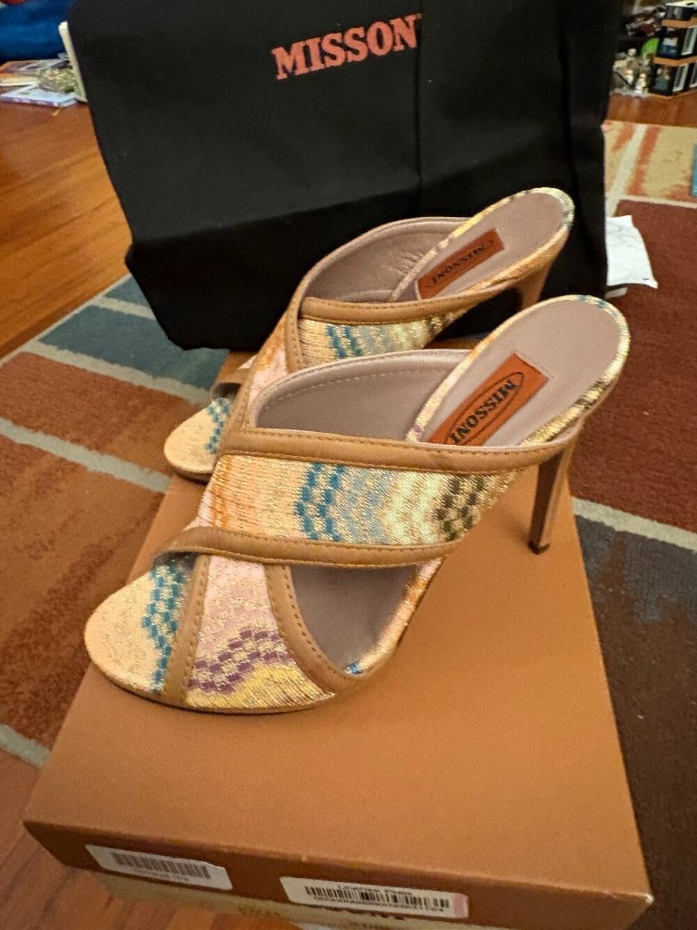 Missoni Multicolor Woven Mule Heels with Tan Trim